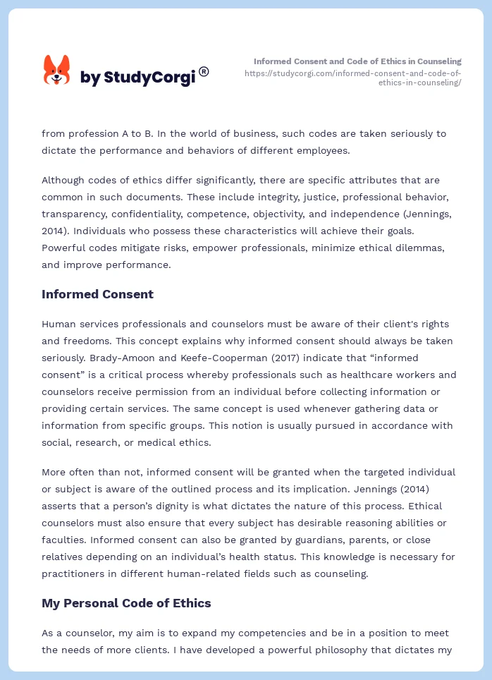 Informed Consent and Code of Ethics in Counseling. Page 2