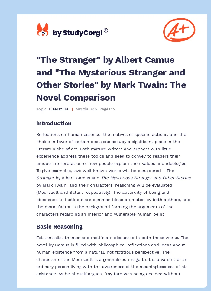 "The Stranger" by Albert Camus and "The Mysterious Stranger and Other Stories" by Mark Twain: The Novel Comparison. Page 1