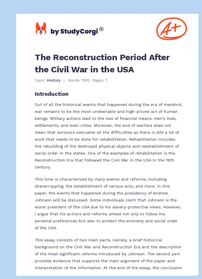 The Reconstruction Period After the Civil War in the USA. Page 1