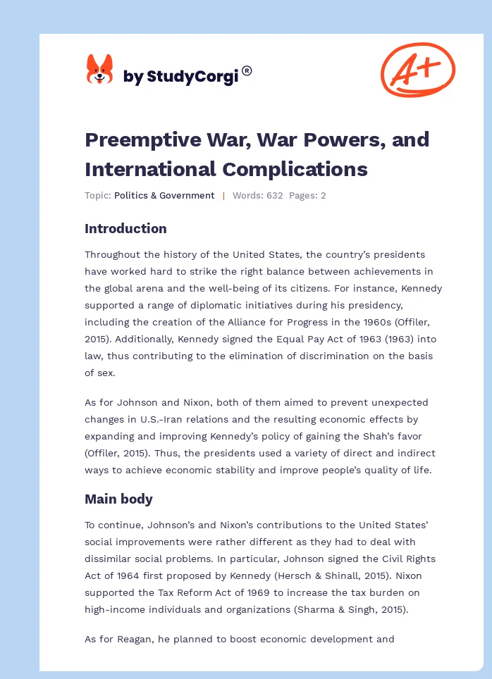 Preemptive War, War Powers, and International Complications. Page 1