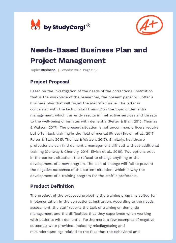 Needs-Based Business Plan and Project Management. Page 1