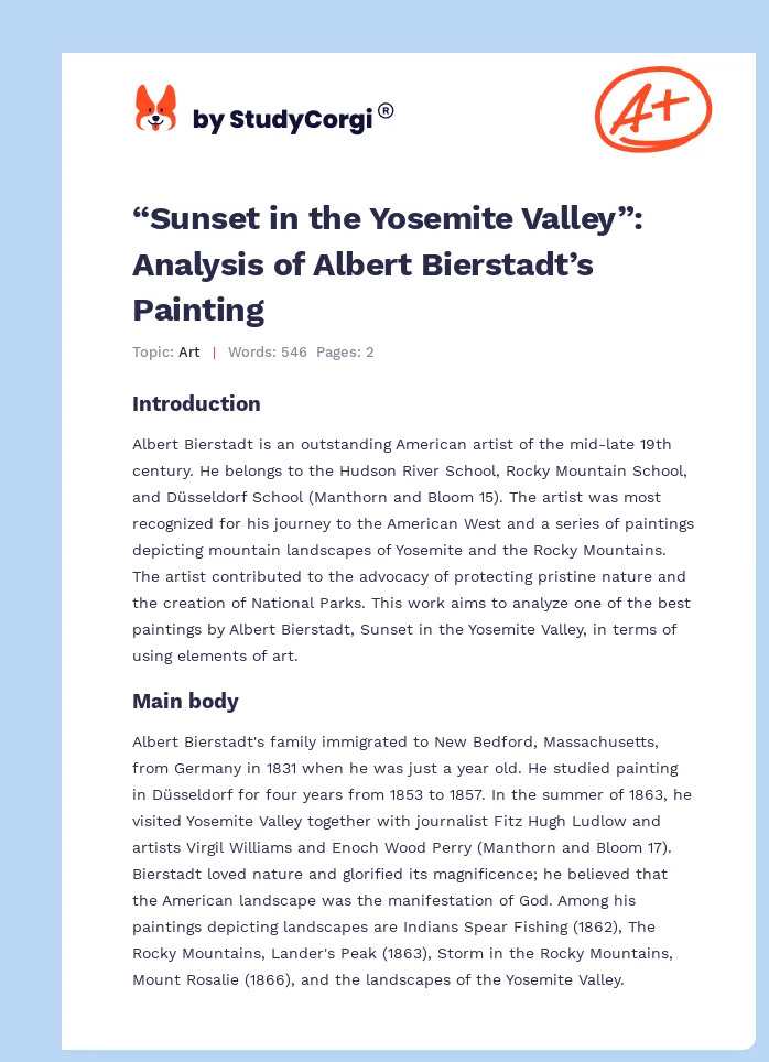 “Sunset in the Yosemite Valley”: Analysis of Albert Bierstadt’s Painting. Page 1
