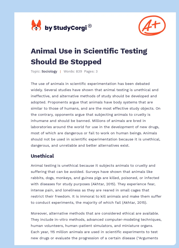 Animal Use in Scientific Testing Should Be Stopped. Page 1