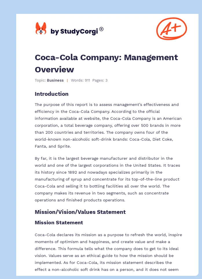 Coca-Cola Company: Management Overview. Page 1
