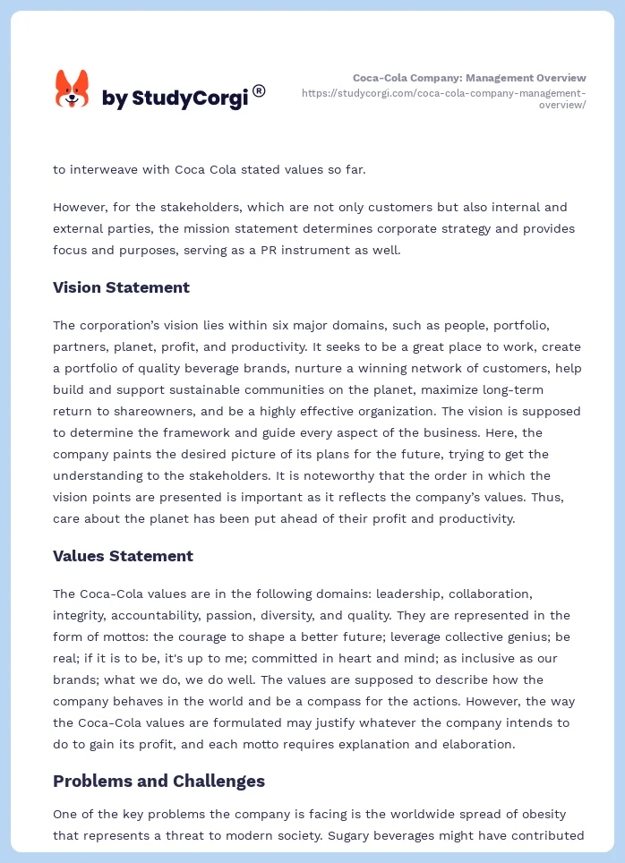 Coca-Cola Company: Management Overview. Page 2