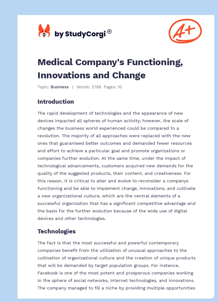 Medical Company's Functioning, Innovations and Change. Page 1
