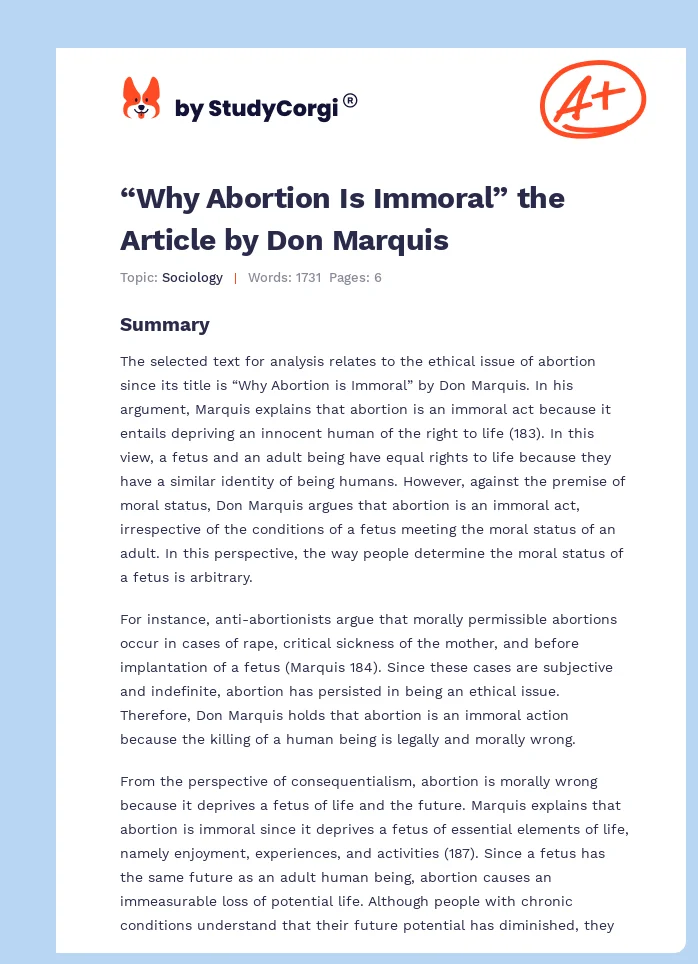 “Why Abortion Is Immoral” the Article by Don Marquis. Page 1