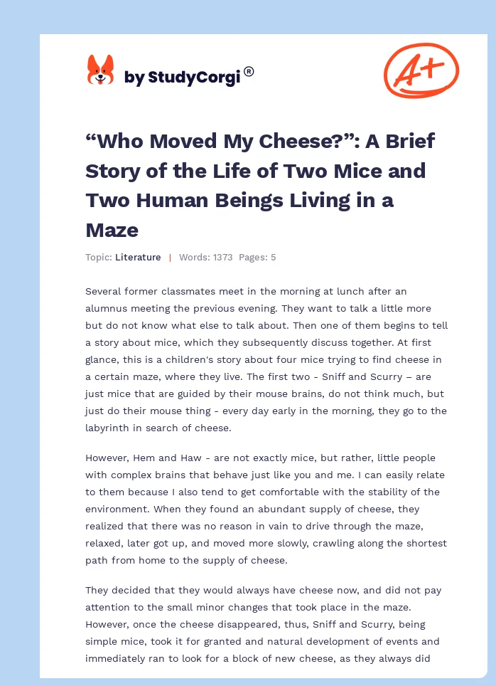 “Who Moved My Cheese?”: A Brief Story of the Life of Two Mice and Two Human Beings Living in a Maze. Page 1