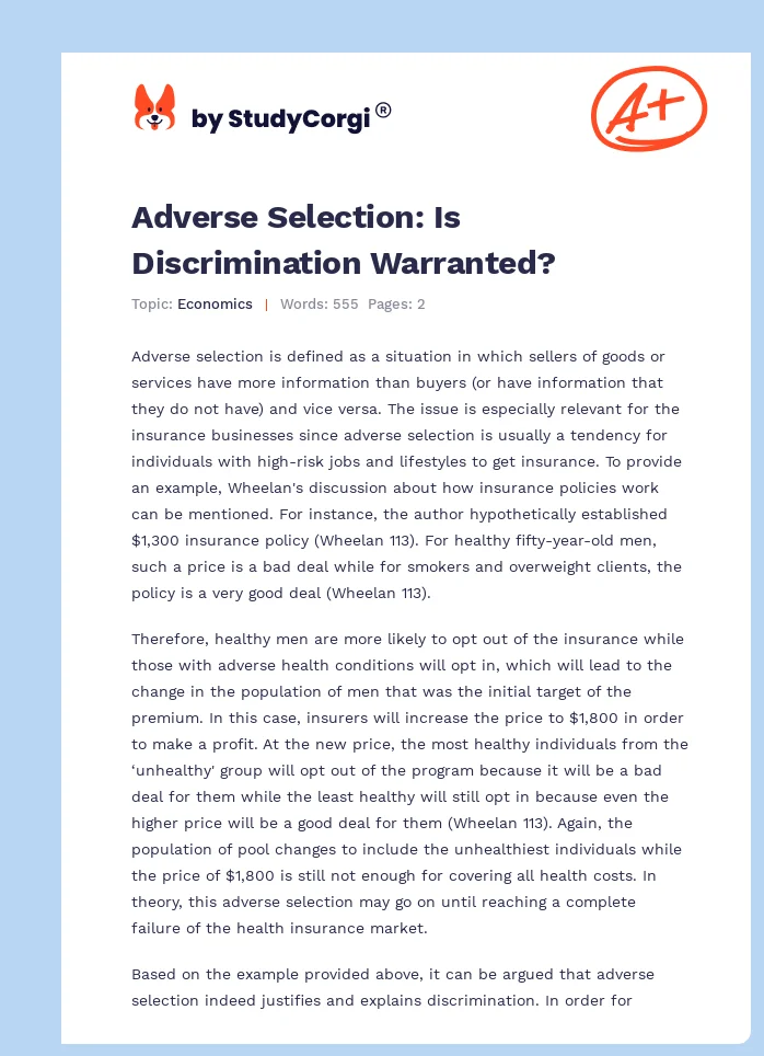 Adverse Selection: Is Discrimination Warranted?. Page 1
