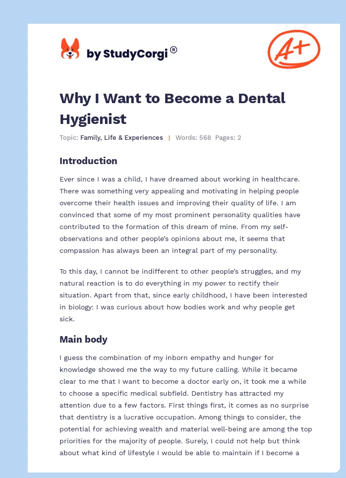 Why I Want to Become a Dental Hygienist. Page 1