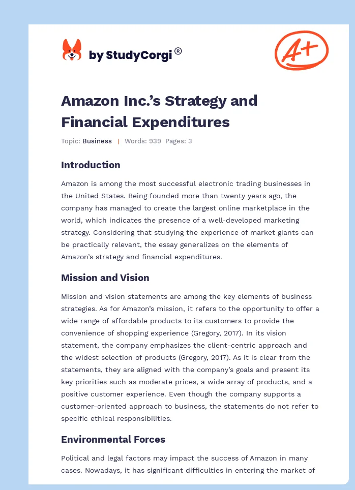 Amazon Inc.’s Strategy and Financial Expenditures. Page 1
