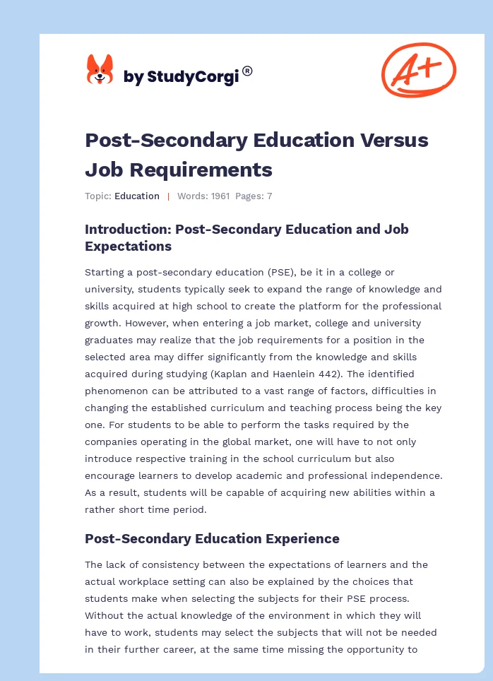 Post-Secondary Education Versus Job Requirements. Page 1