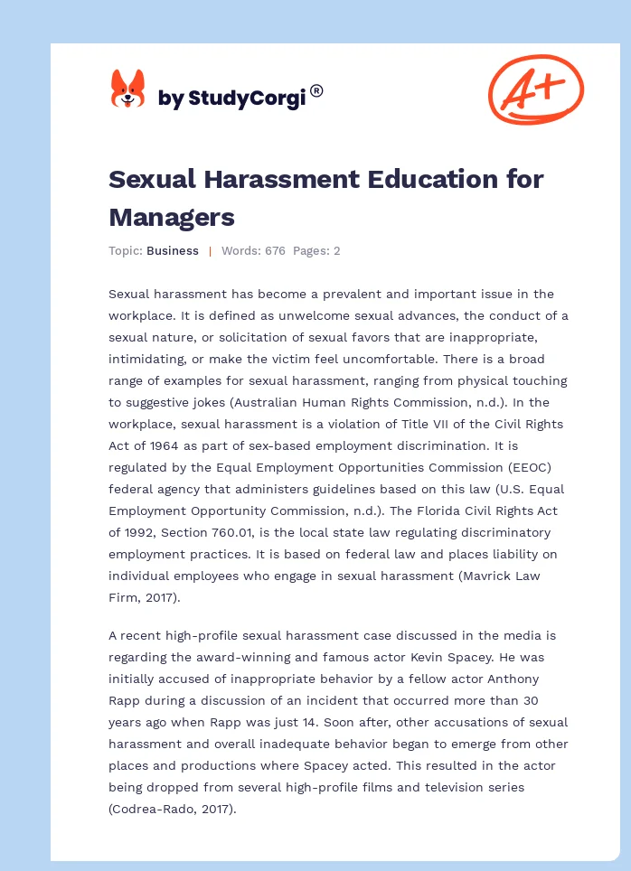 Sexual Harassment Education for Managers. Page 1