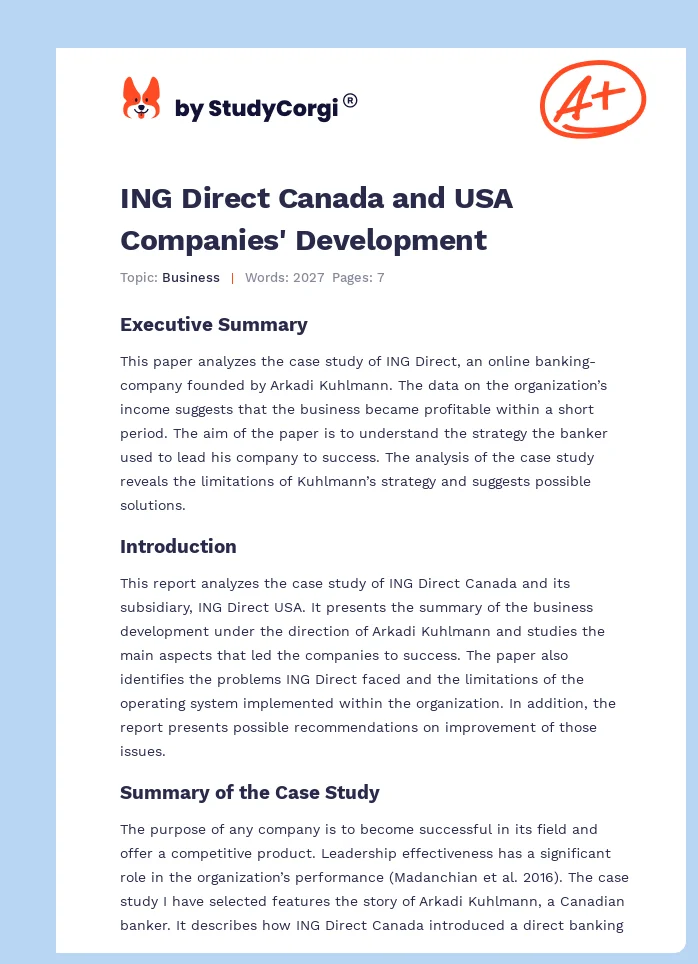 ING Direct Canada and USA Companies' Development. Page 1