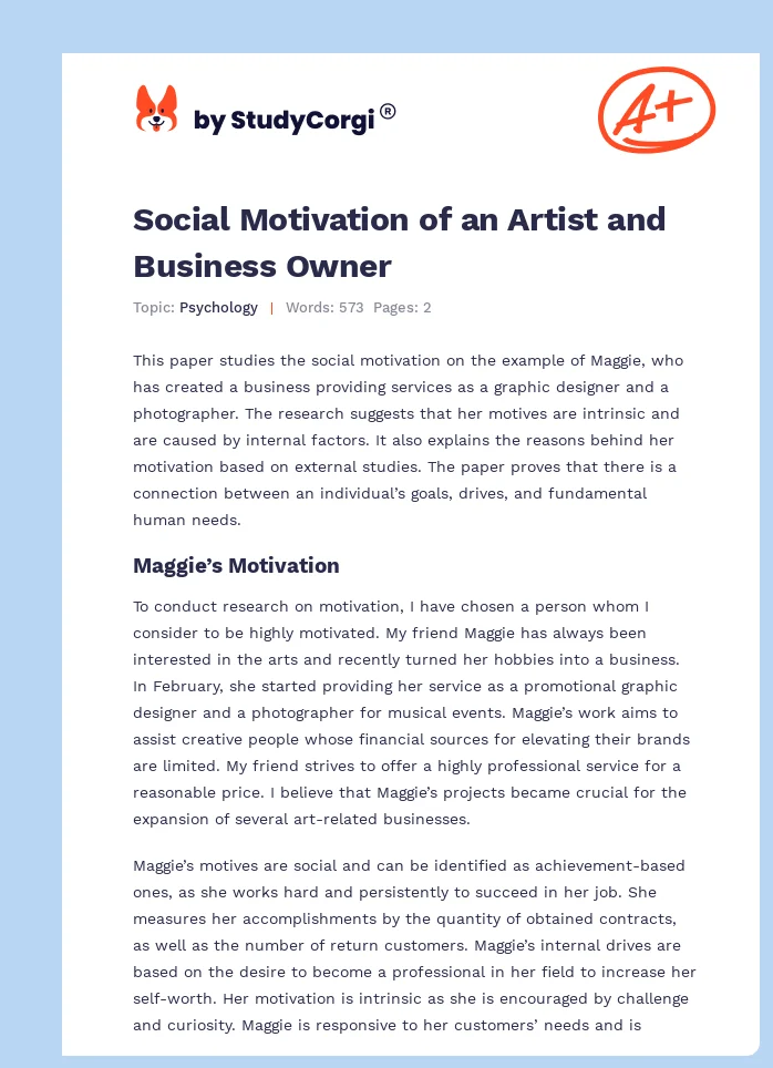 Social Motivation of an Artist and Business Owner. Page 1