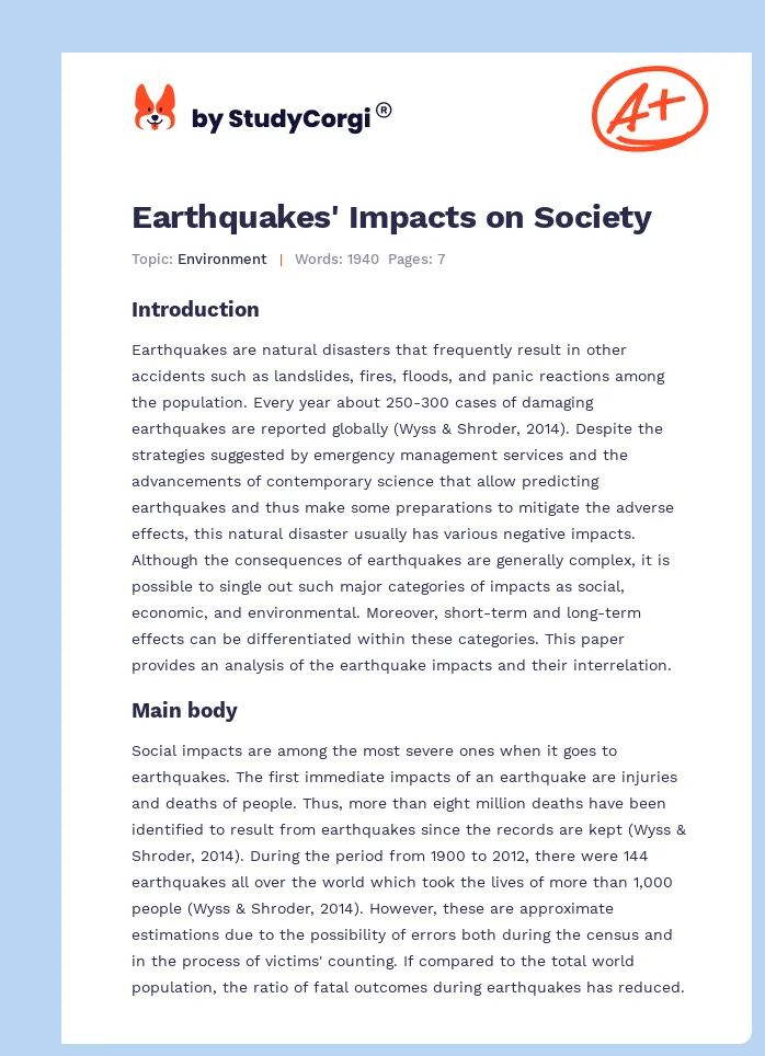 Earthquakes' Impacts on Society. Page 1
