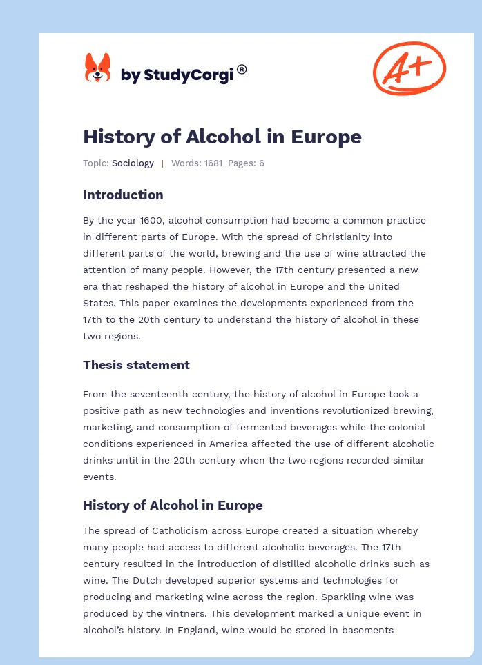 History of Alcohol in Europe. Page 1