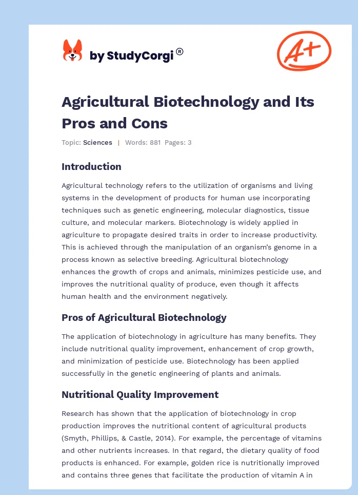 Agricultural Biotechnology and Its Pros and Cons. Page 1