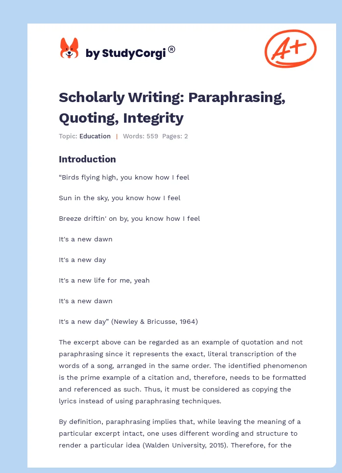 Scholarly Writing: Paraphrasing, Quoting, Integrity. Page 1