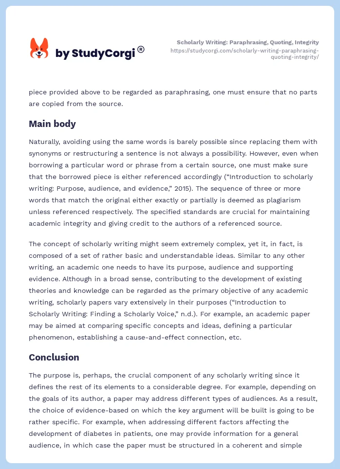 Scholarly Writing: Paraphrasing, Quoting, Integrity. Page 2