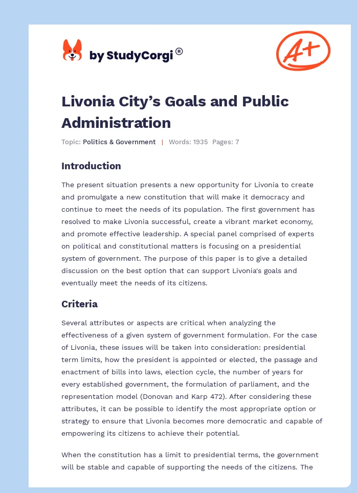 Livonia City’s Goals and Public Administration. Page 1