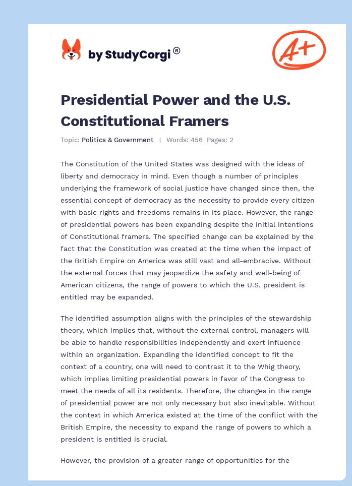 Presidential Power and the U.S. Constitutional Framers. Page 1