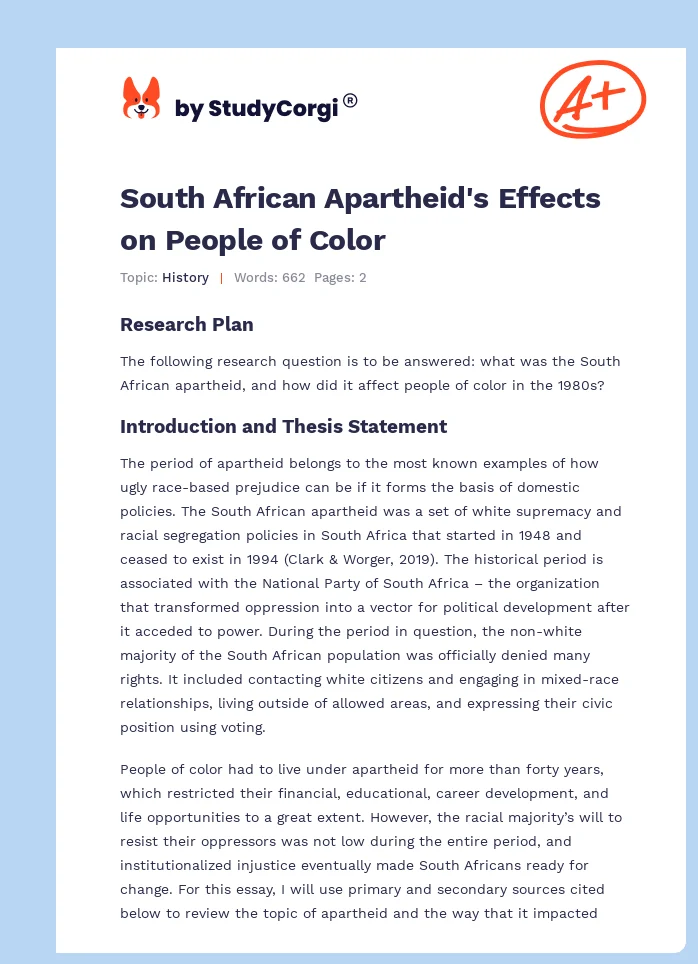 South African Apartheid's Effects on People of Color. Page 1