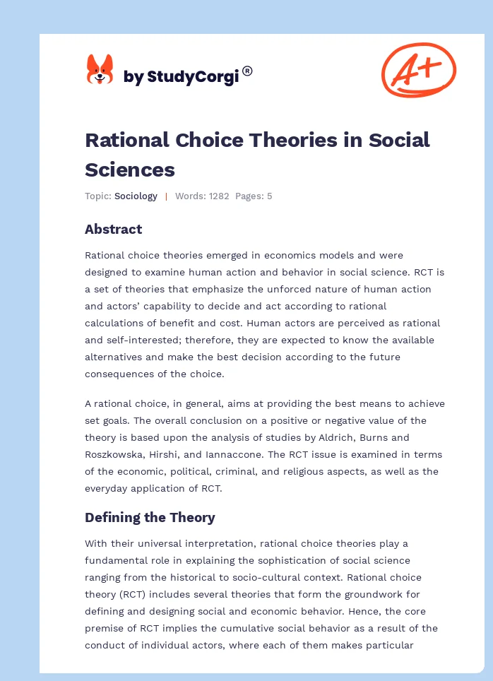 Rational Choice Theories in Social Sciences. Page 1