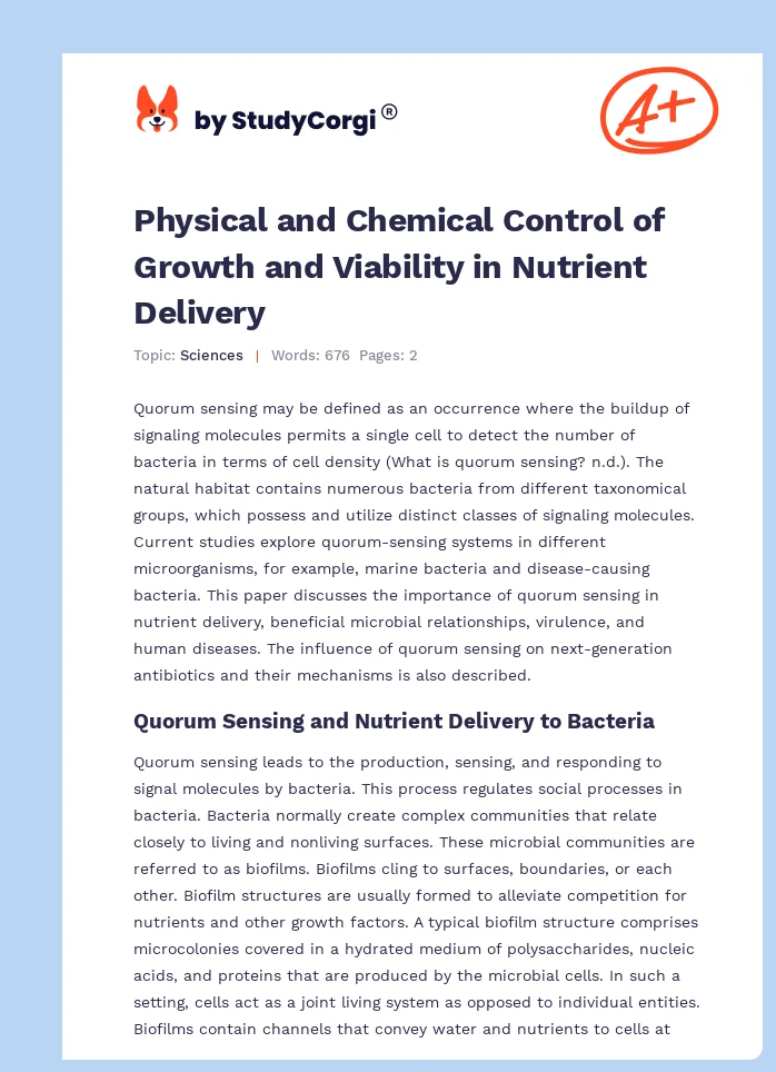 Physical and Chemical Control of Growth and Viability in Nutrient Delivery. Page 1