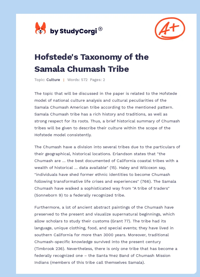 Hofstede's Taxonomy of the Samala Chumash Tribe. Page 1