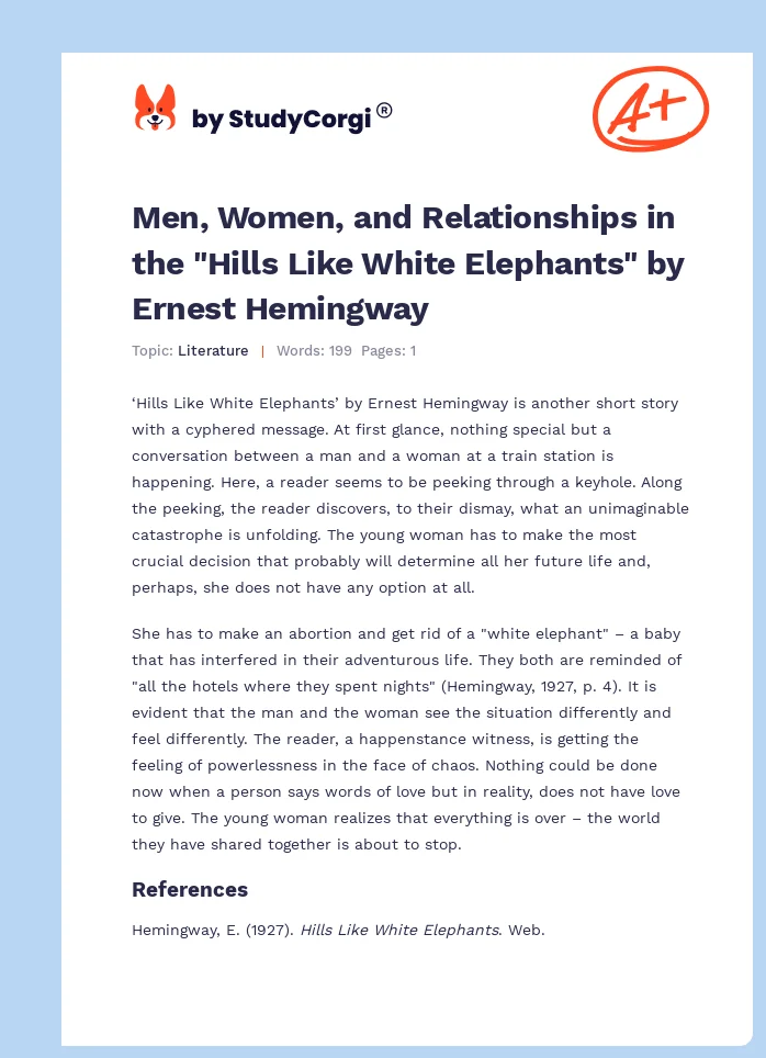 Men, Women, and Relationships in the "Hills Like White Elephants" by Ernest Hemingway. Page 1