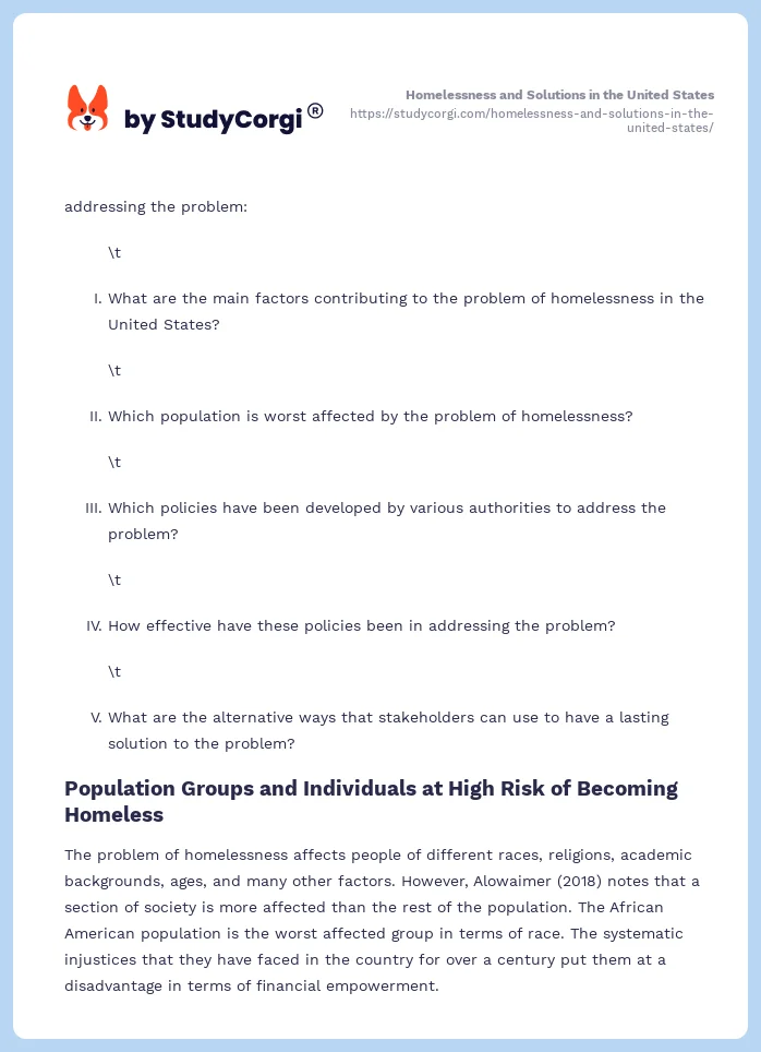 Homelessness and Solutions in the United States. Page 2