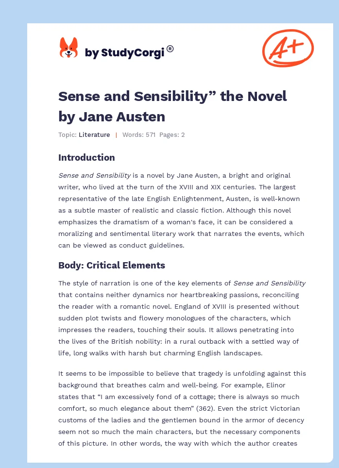 Sense and Sensibility” the Novel by Jane Austen. Page 1