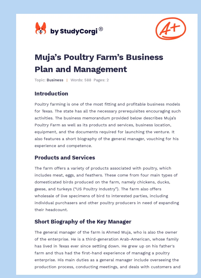 Muja’s Poultry Farm’s Business Plan and Management. Page 1