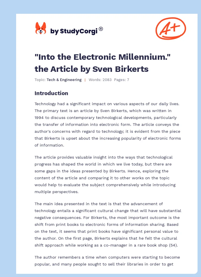 "Into the Electronic Millennium." the Article by Sven Birkerts. Page 1