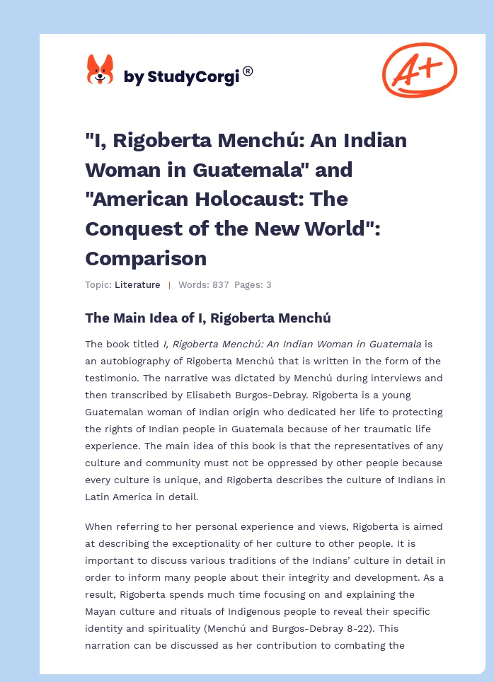 "I, Rigoberta Menchú: An Indian Woman in Guatemala" and "American Holocaust: The Conquest of the New World": Comparison. Page 1