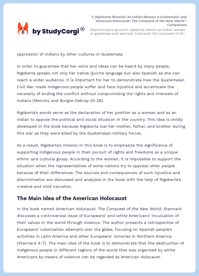 "I, Rigoberta Menchú: An Indian Woman in Guatemala" and "American Holocaust: The Conquest of the New World": Comparison. Page 2