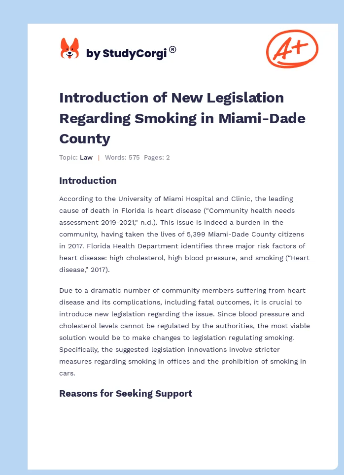 Introduction of New Legislation Regarding Smoking in Miami-Dade County. Page 1