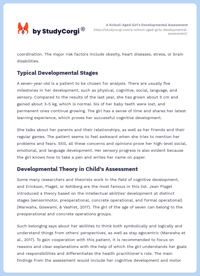 A School-Aged Girl's Developmental Assessment. Page 2