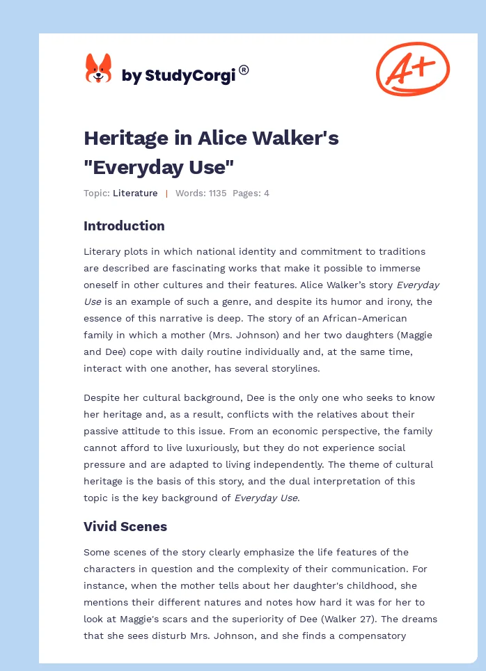 Heritage in Alice Walker's "Everyday Use". Page 1