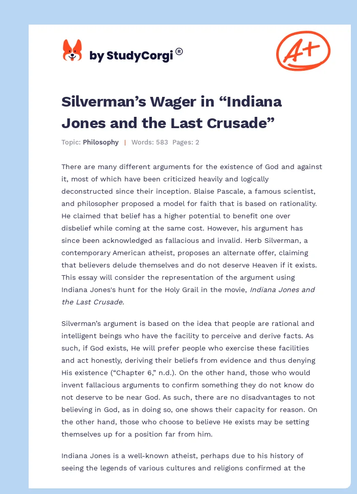 Silverman’s Wager in “Indiana Jones and the Last Crusade”. Page 1
