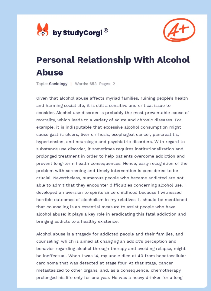 Personal Relationship With Alcohol Abuse. Page 1
