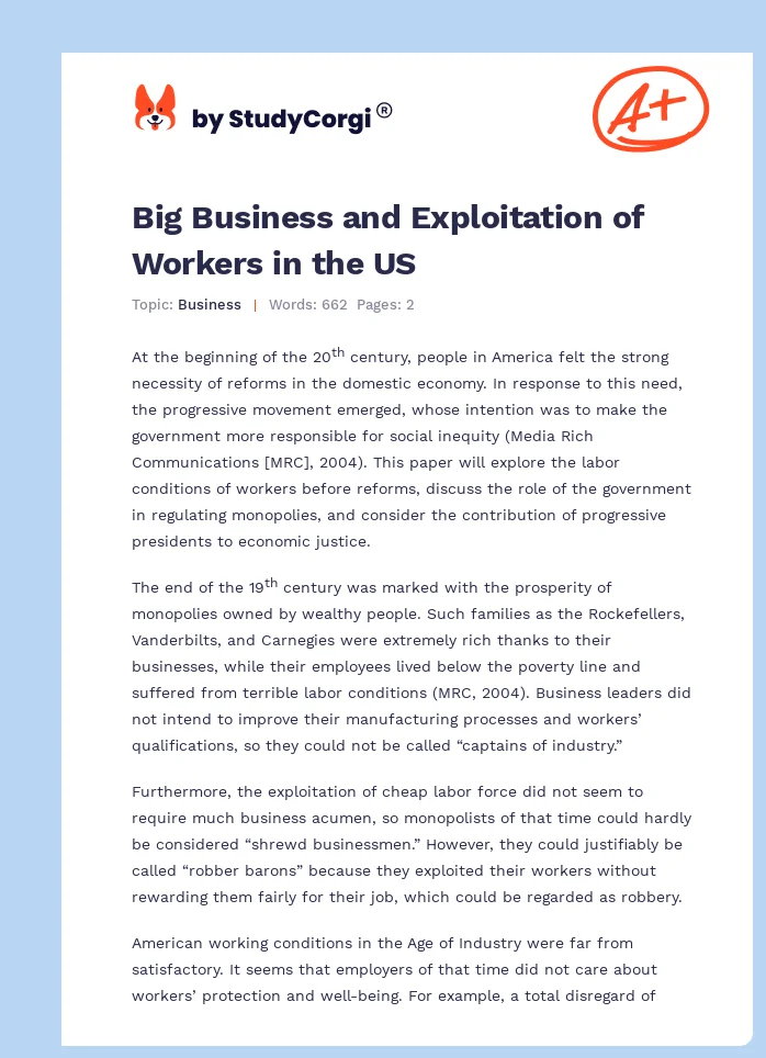 Big Business and Exploitation of Workers in the US. Page 1