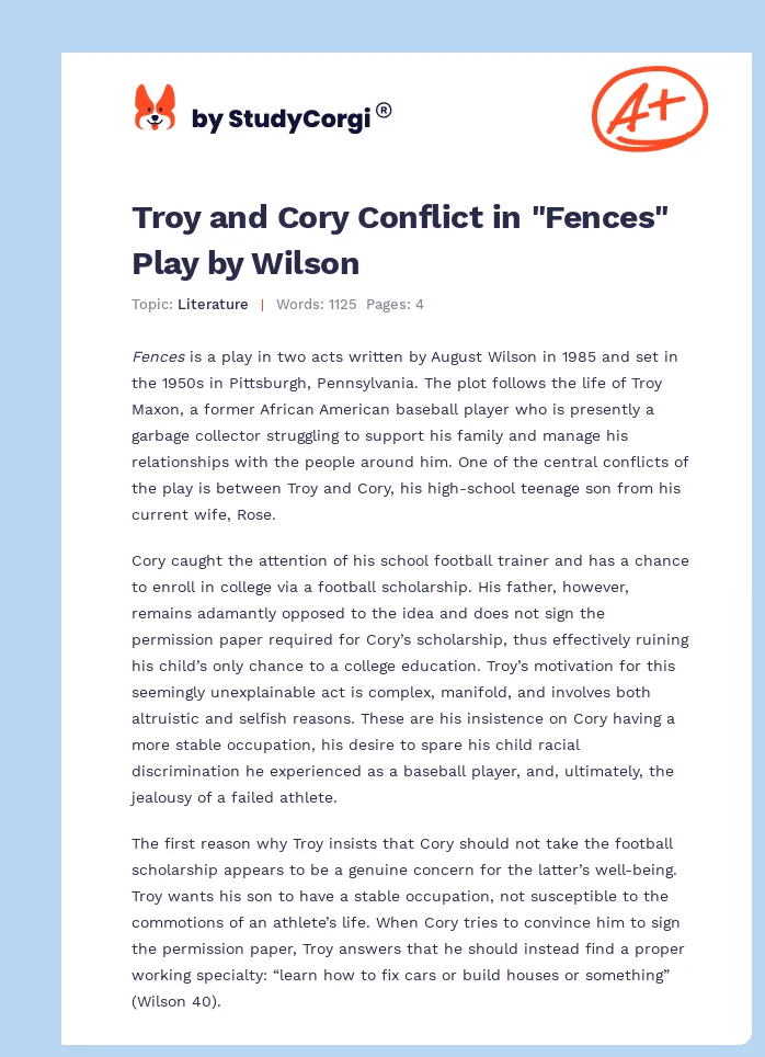 Troy and Cory Conflict in "Fences" Play by Wilson. Page 1
