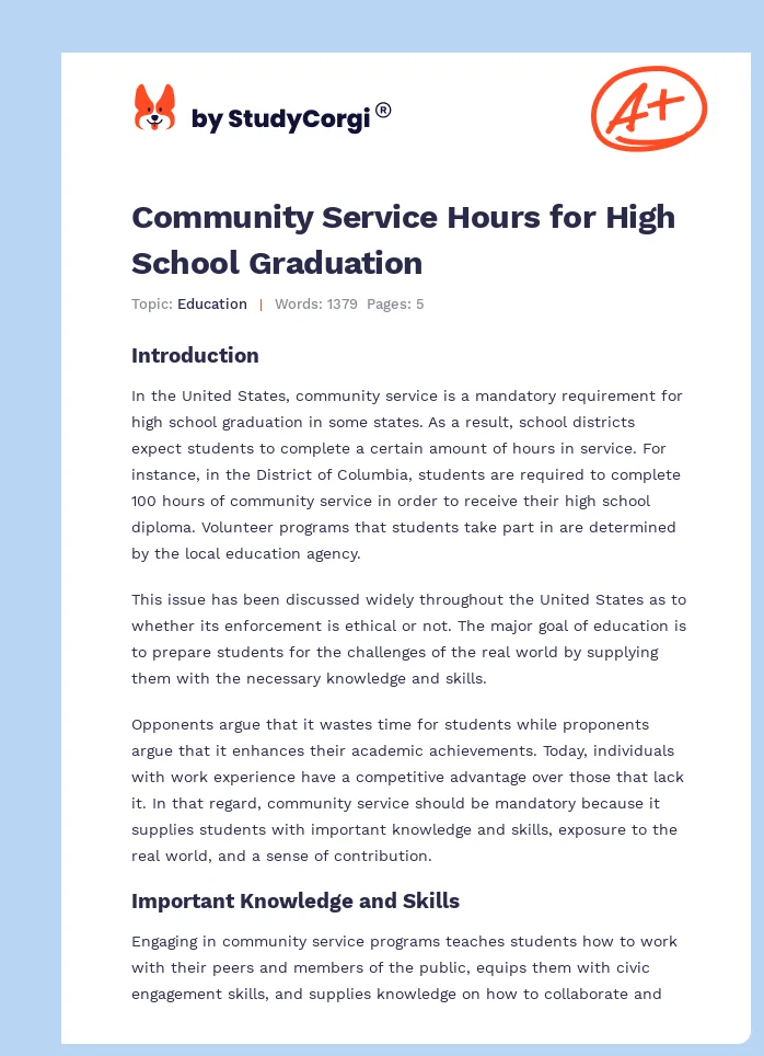 Community Service Hours for High School Graduation. Page 1