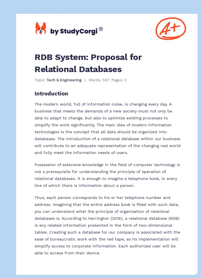 RDB System: Proposal for Relational Databases. Page 1