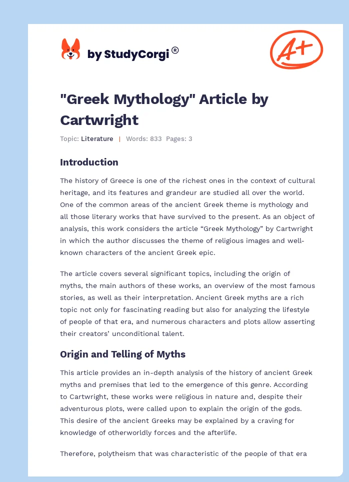 "Greek Mythology" Article by Cartwright. Page 1
