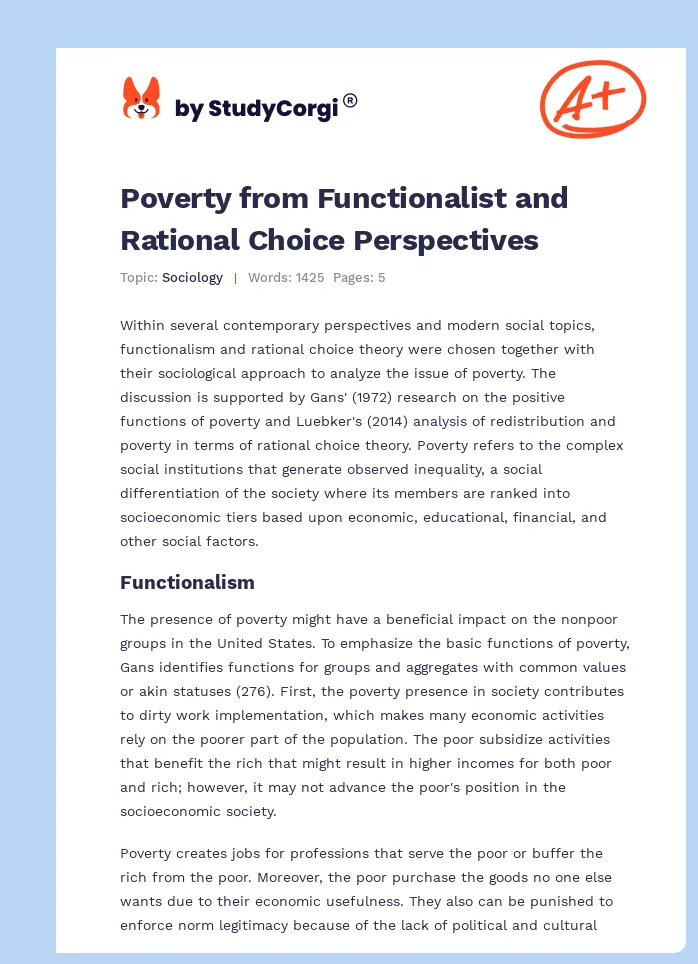 Poverty from Functionalist and Rational Choice Perspectives. Page 1