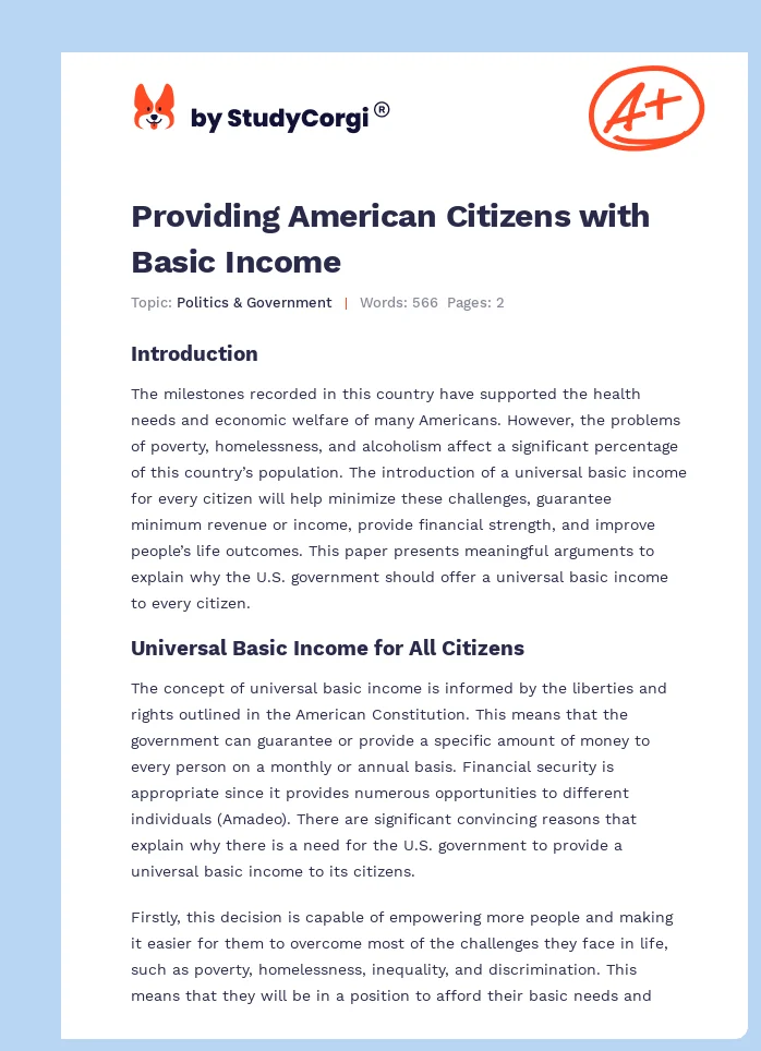 Providing American Citizens with Basic Income. Page 1