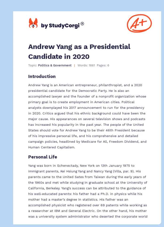 Andrew Yang as a Presidential Candidate in 2020. Page 1